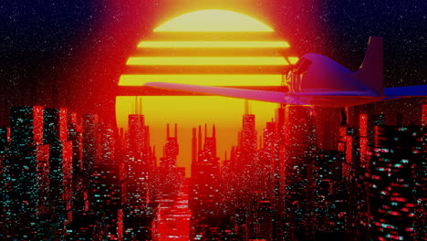 Airplane-flying-over-retro-futuristic-city-in-space